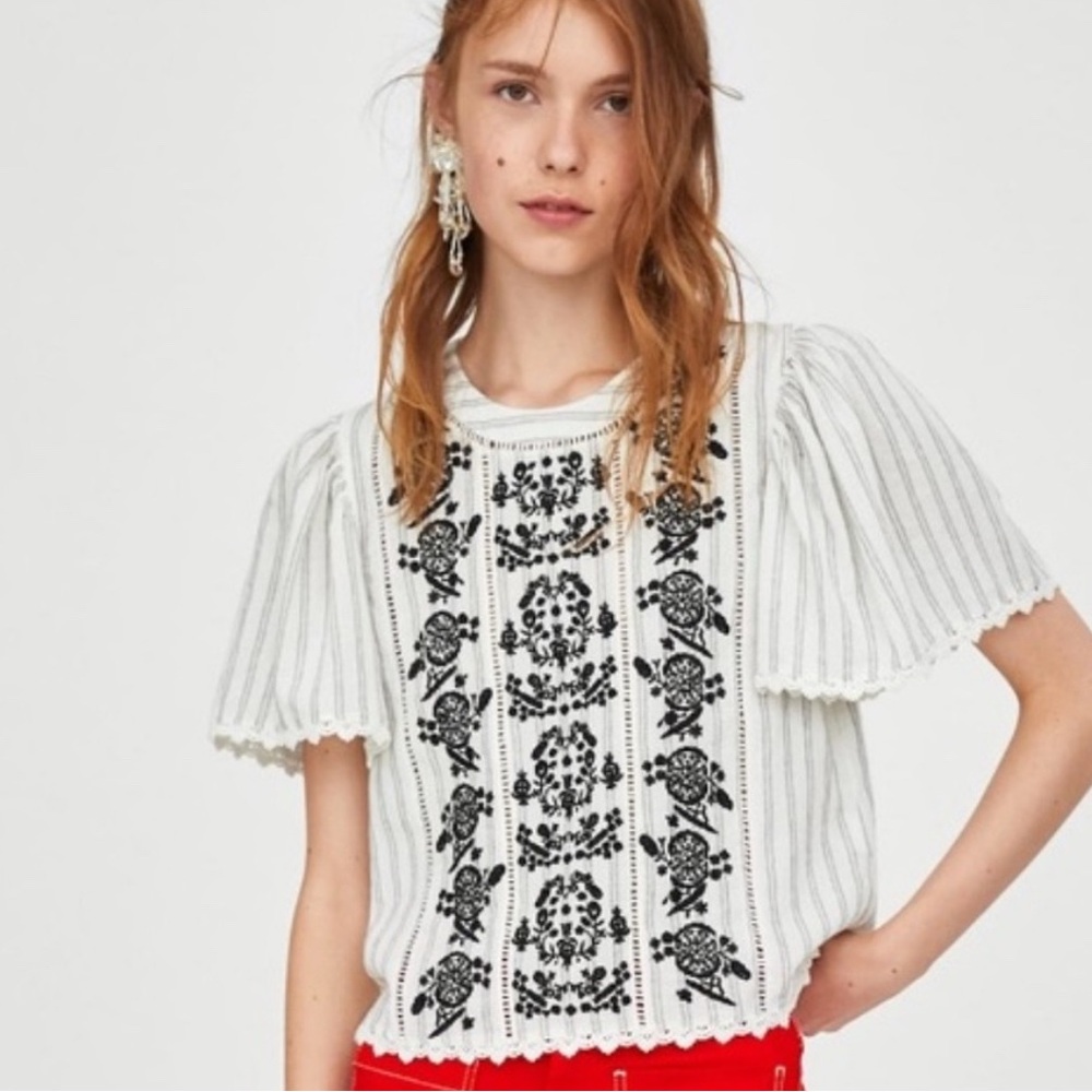 Embroidered White and Black Women's Top